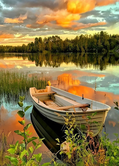 Holzboot auf dem See Diamond Painting