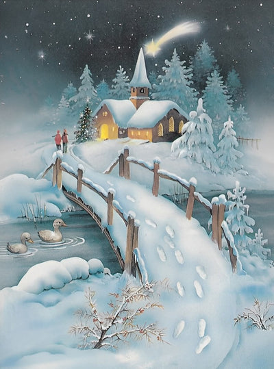 Holzbrücke und Hütte im Schnee Diamond Painting