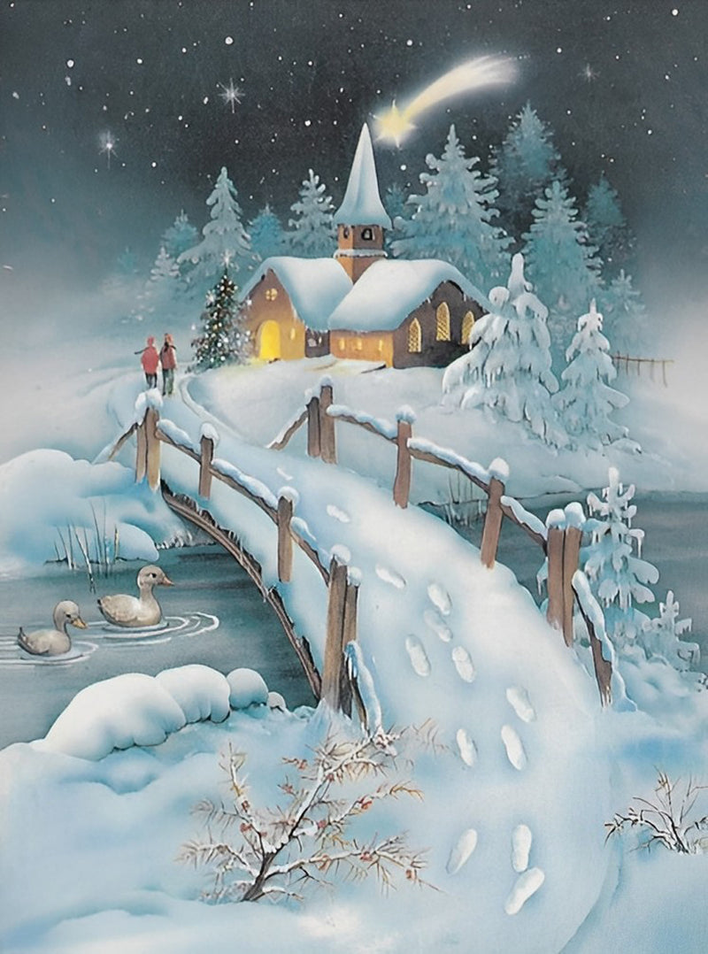 Holzbrücke und Hütte im Schnee Diamond Painting