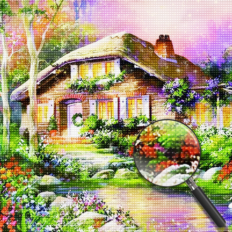 Holzhütte und Garten im Frühling Diamond Painting