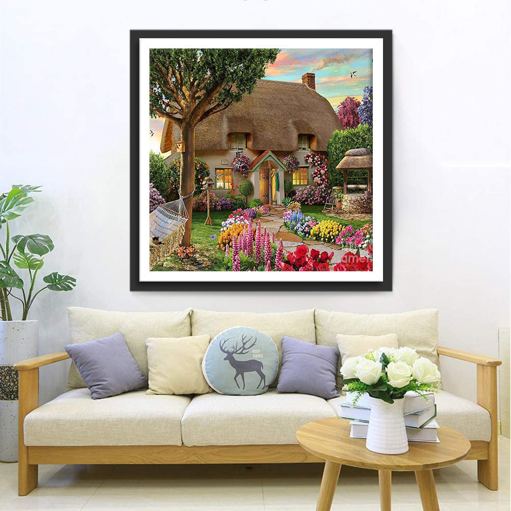Hütte Blumen Garten Diamond Painting