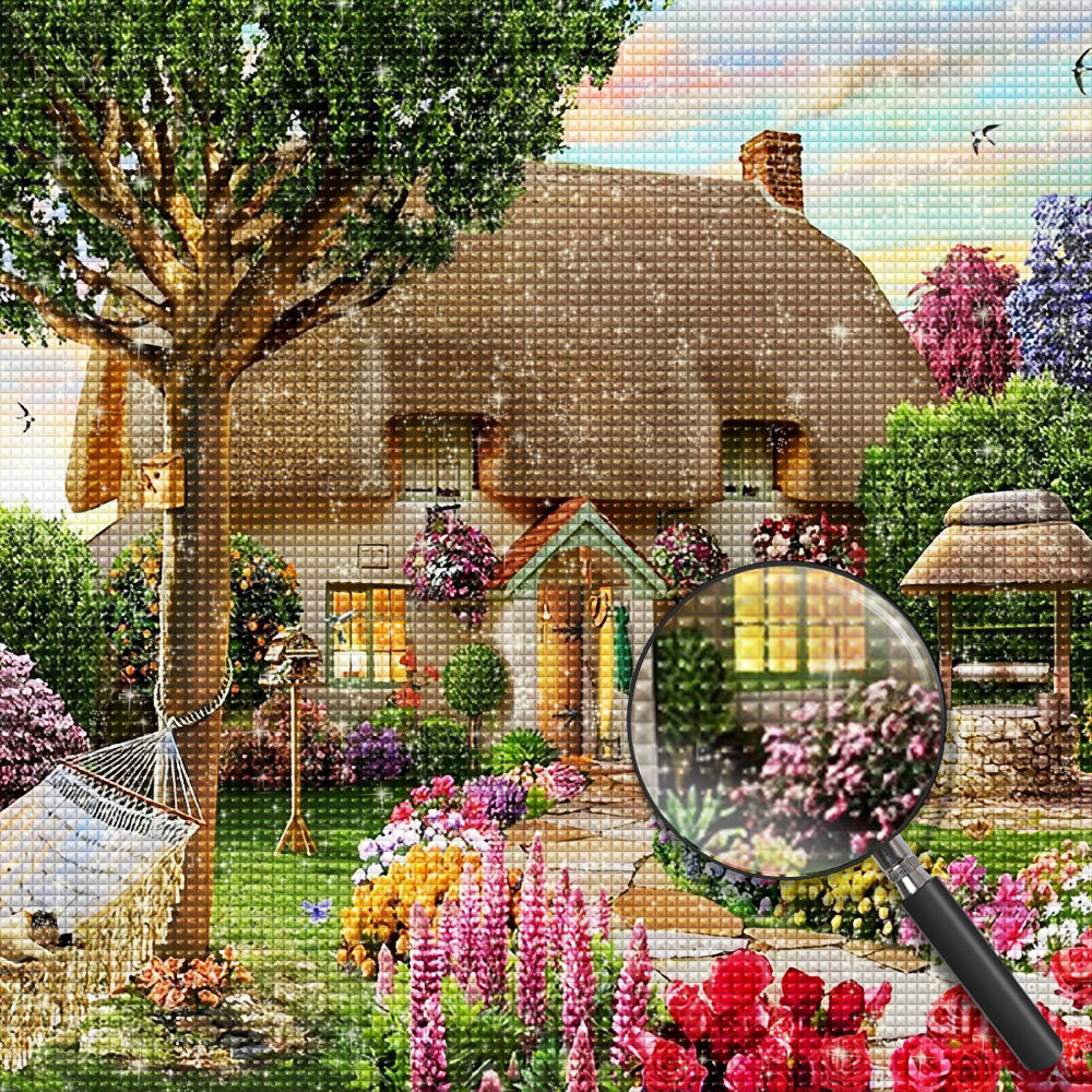 Hütte Blumen Garten Diamond Painting