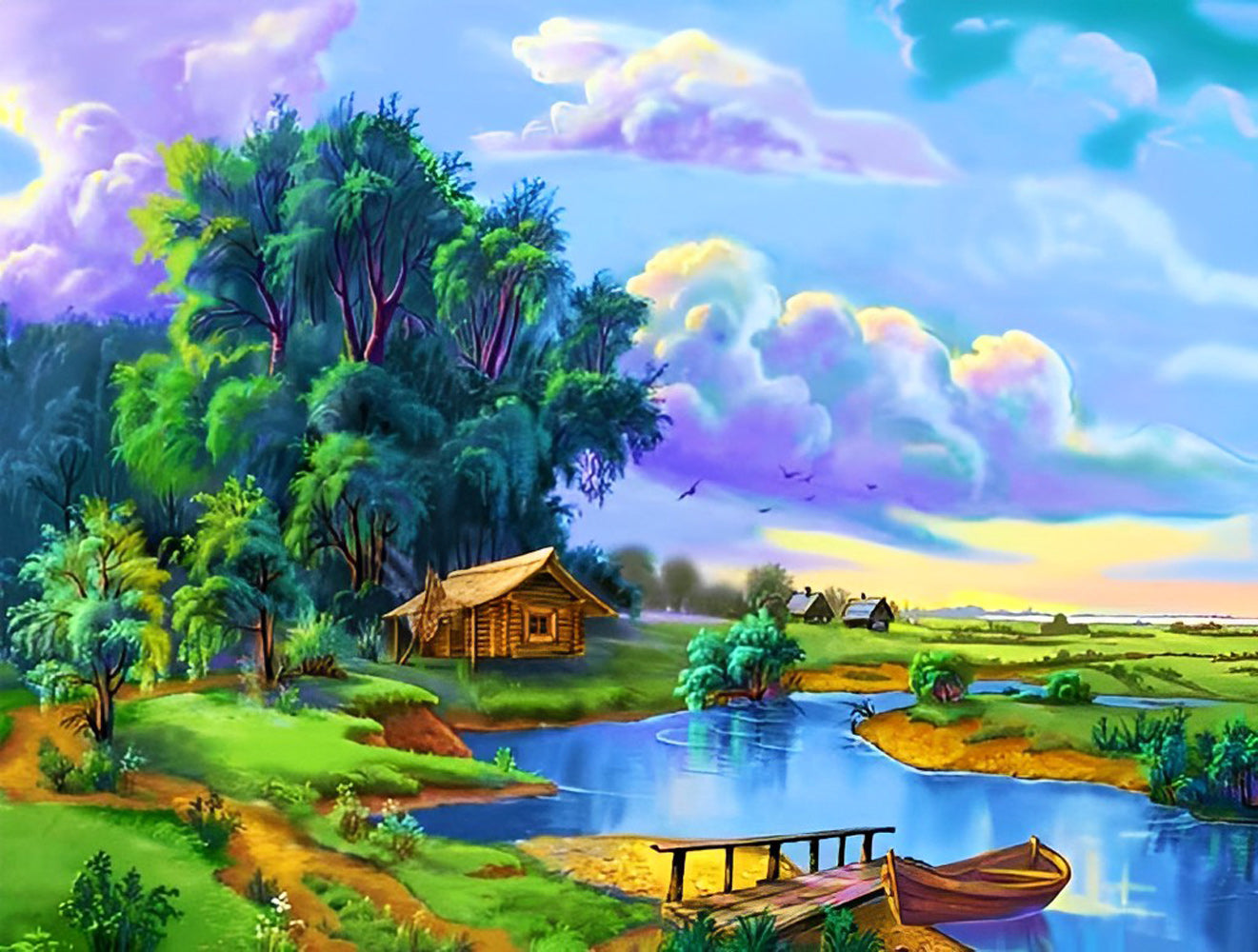 Hütte Fluss Wald Diamond Painting