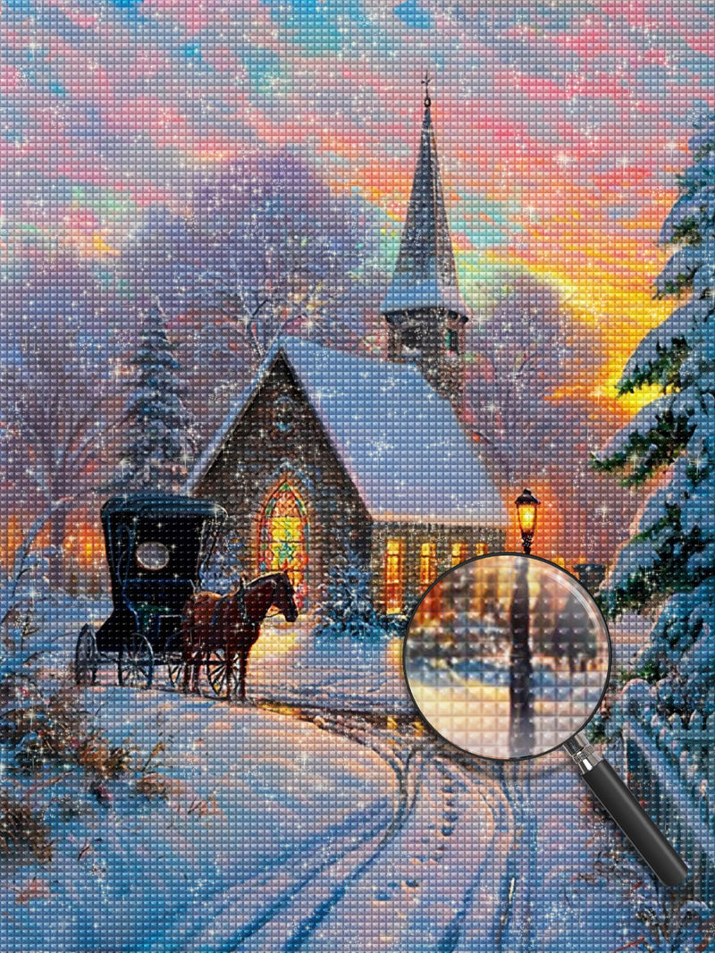 Hütte und Kutsche im Schnee Diamond Painting