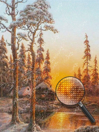 Hütte Wald Sonnenuntergang Diamond Painting