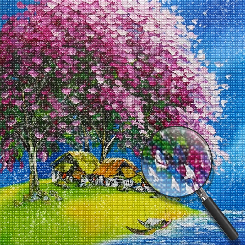 Hütten unter dem rosa Baum Diamond Painting