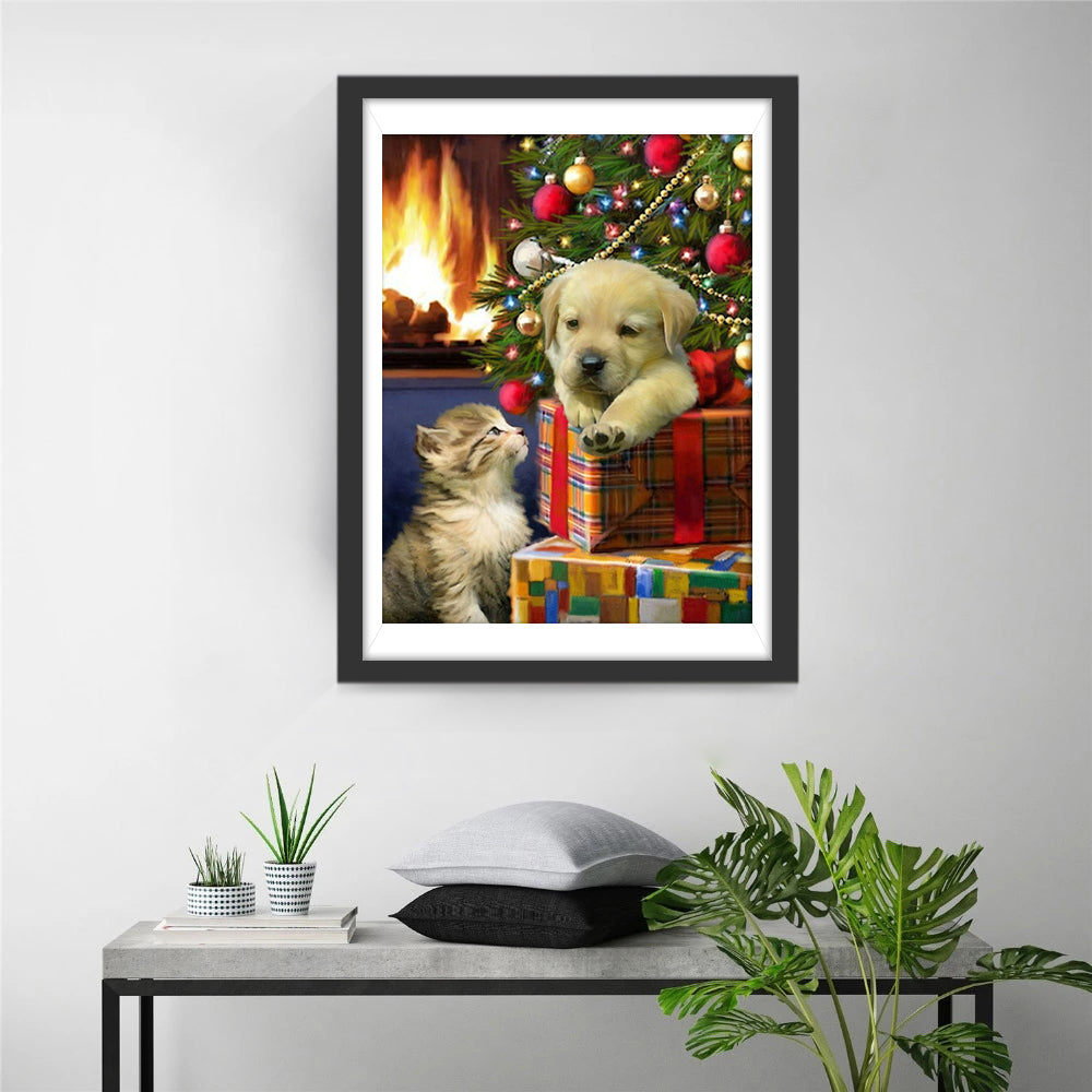 Hund auf Weihnachtsgeschenken und Katze Diamond Painting