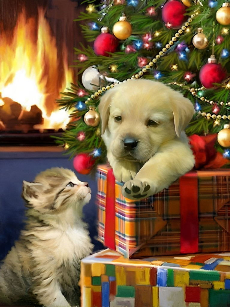 Hund auf Weihnachtsgeschenken und Katze Diamond Painting