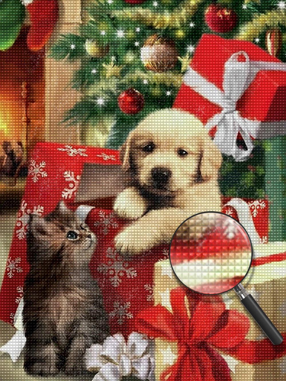 Hund in der Geschenkbox und Katze Diamond Painting