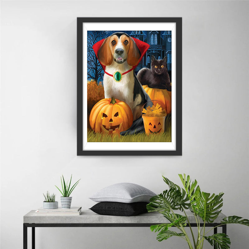 Hund, Katze und Kürbislaternen Diamond Painting
