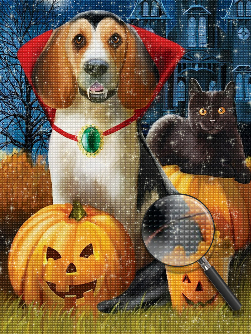 Hund, Katze und Kürbislaternen Diamond Painting