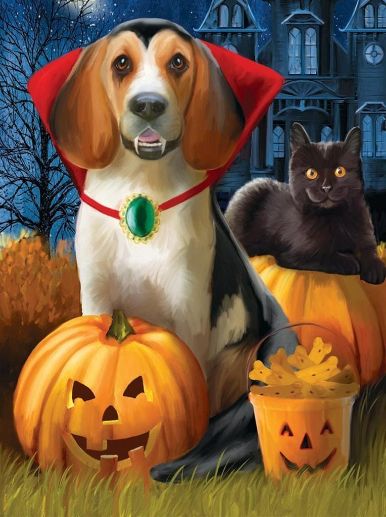 Hund, Katze und Kürbislaternen Diamond Painting