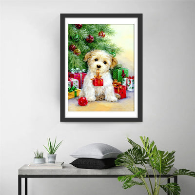 Hund mit Geschenken neben dem Weihnachtsbaum Diamond Painting