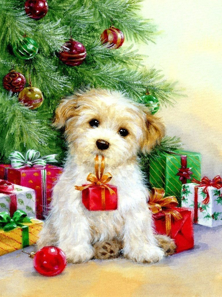 Hund mit Geschenken neben dem Weihnachtsbaum Diamond Painting