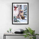 Hund mit Weihnachtsgeschenk vor der Tür Diamond Painting