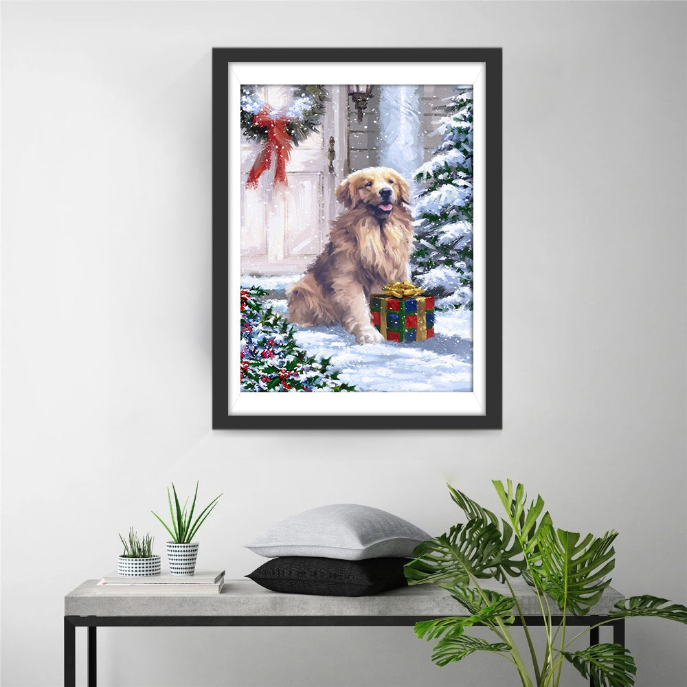 Hund mit Weihnachtsgeschenk vor der Tür Diamond Painting