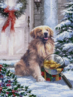 Hund mit Weihnachtsgeschenk vor der Tür Diamond Painting