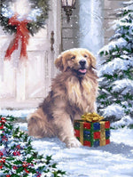 Hund mit Weihnachtsgeschenk vor der Tür Diamond Painting