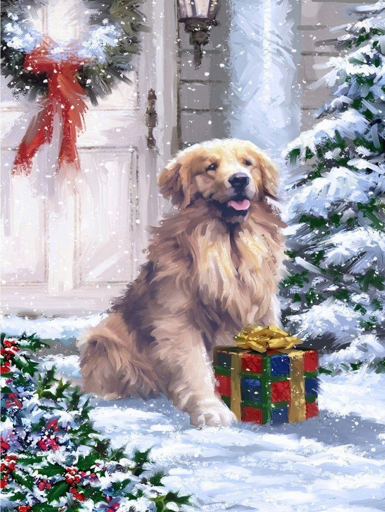 Hund mit Weihnachtsgeschenk vor der Tür Diamond Painting