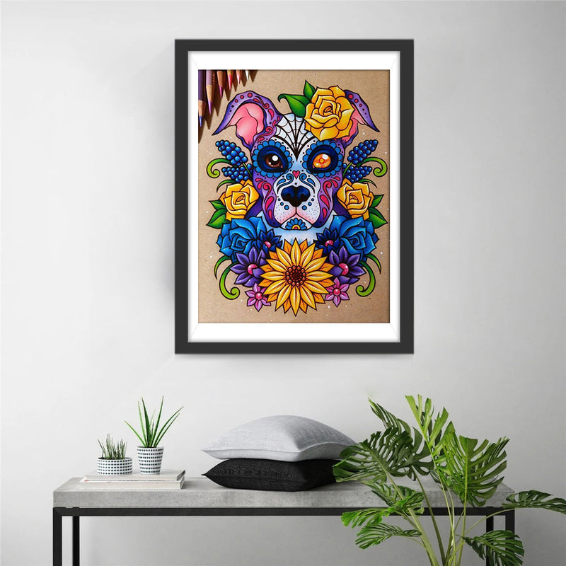 Hund, Rosen und Sonnenblume Diamond Painting