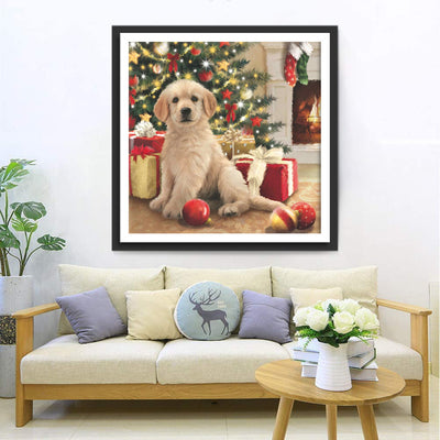 Hund und Geschenke unter dem Weihnachtsbaum Diamond Painting