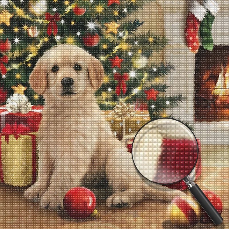 Hund und Geschenke unter dem Weihnachtsbaum Diamond Painting