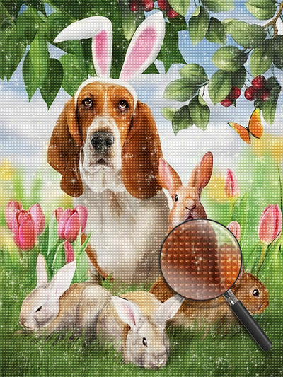 Hund und Kaninchen in den Tulpen Diamond Painting