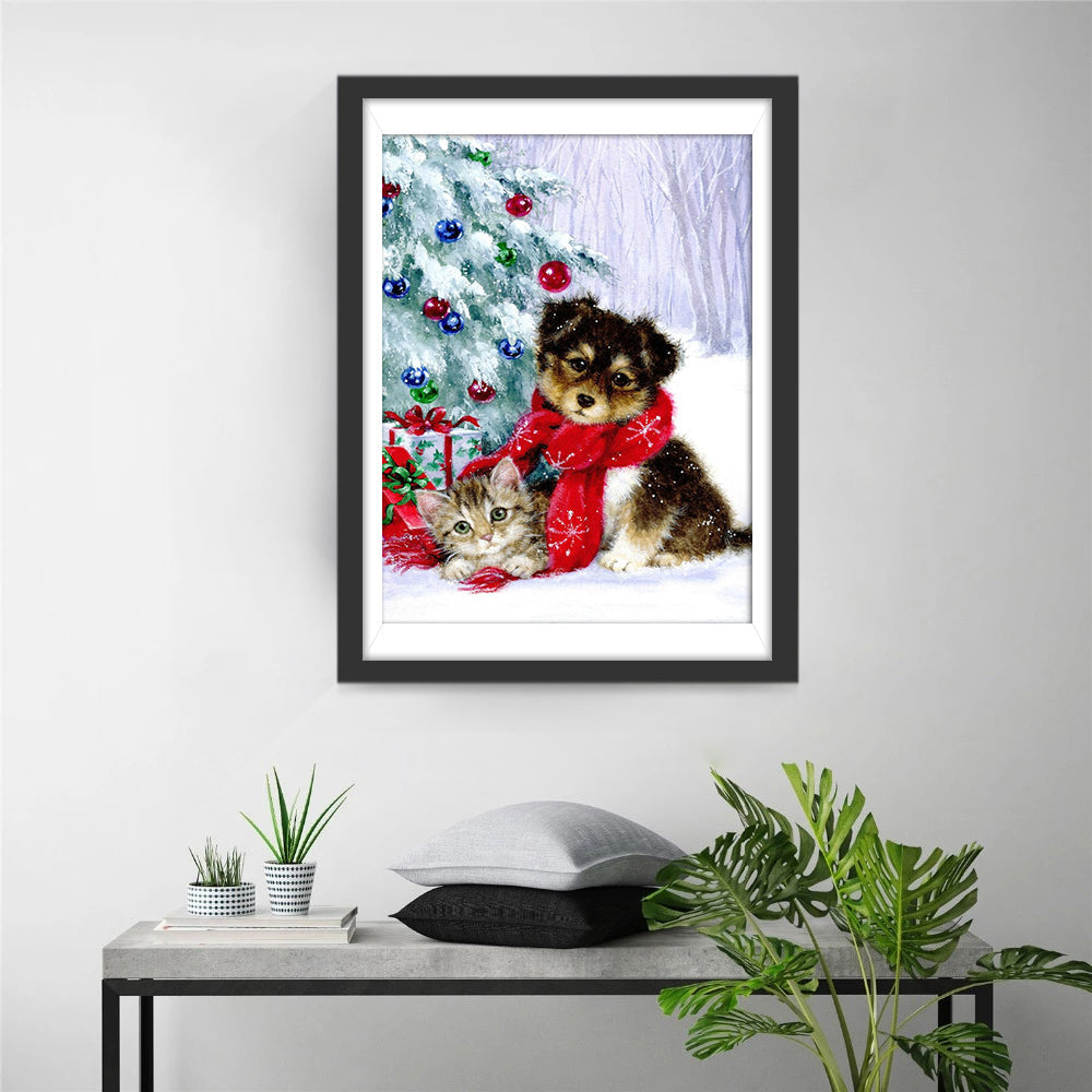 Hund und Katze unter dem Weihnachtsbaum im Schnee Diamond Painting