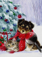 Hund und Katze unter dem Weihnachtsbaum im Schnee Diamond Painting