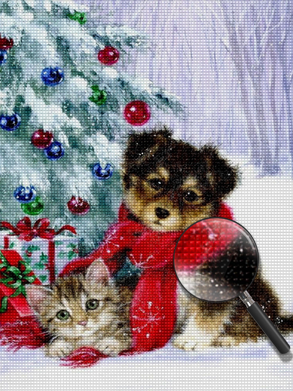 Hund und Katze unter dem Weihnachtsbaum im Schnee Diamond Painting