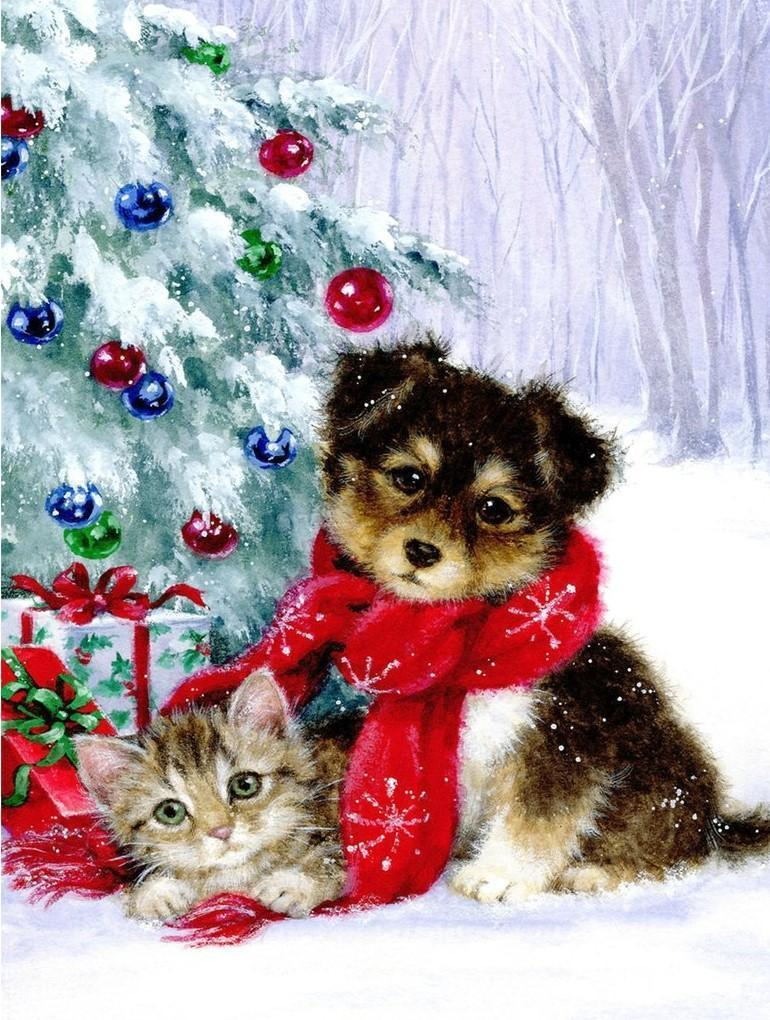Hund und Katze unter dem Weihnachtsbaum im Schnee Diamond Painting