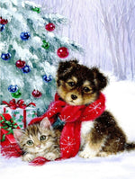 Hund und Katze unter dem Weihnachtsbaum im Schnee Diamond Painting