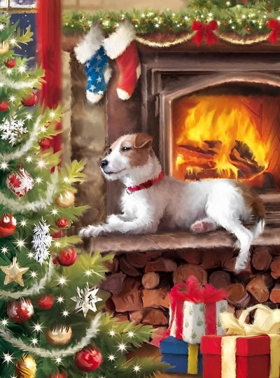 Hund, Weihnachtsbaum und Geschenke am Kamin Diamond Painting