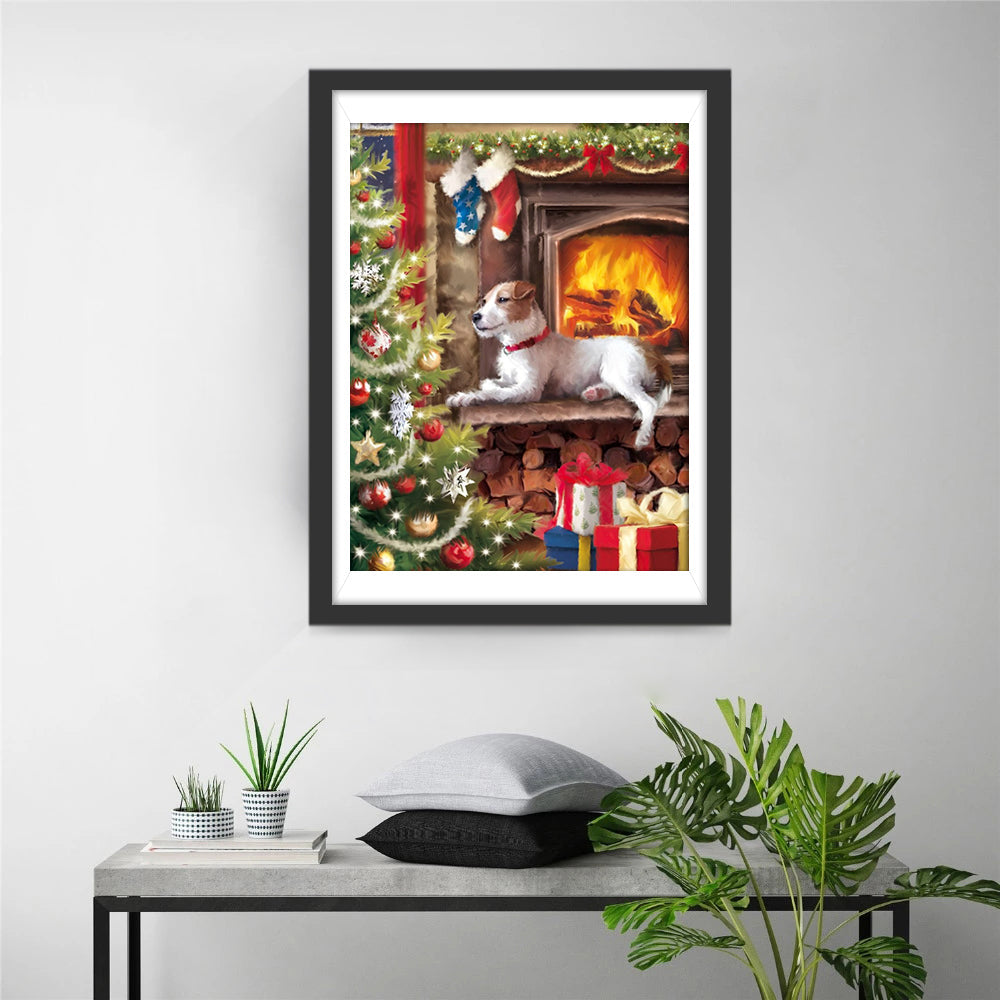 Hund, Weihnachtsbaum und Geschenke im Haus Diamond Painting