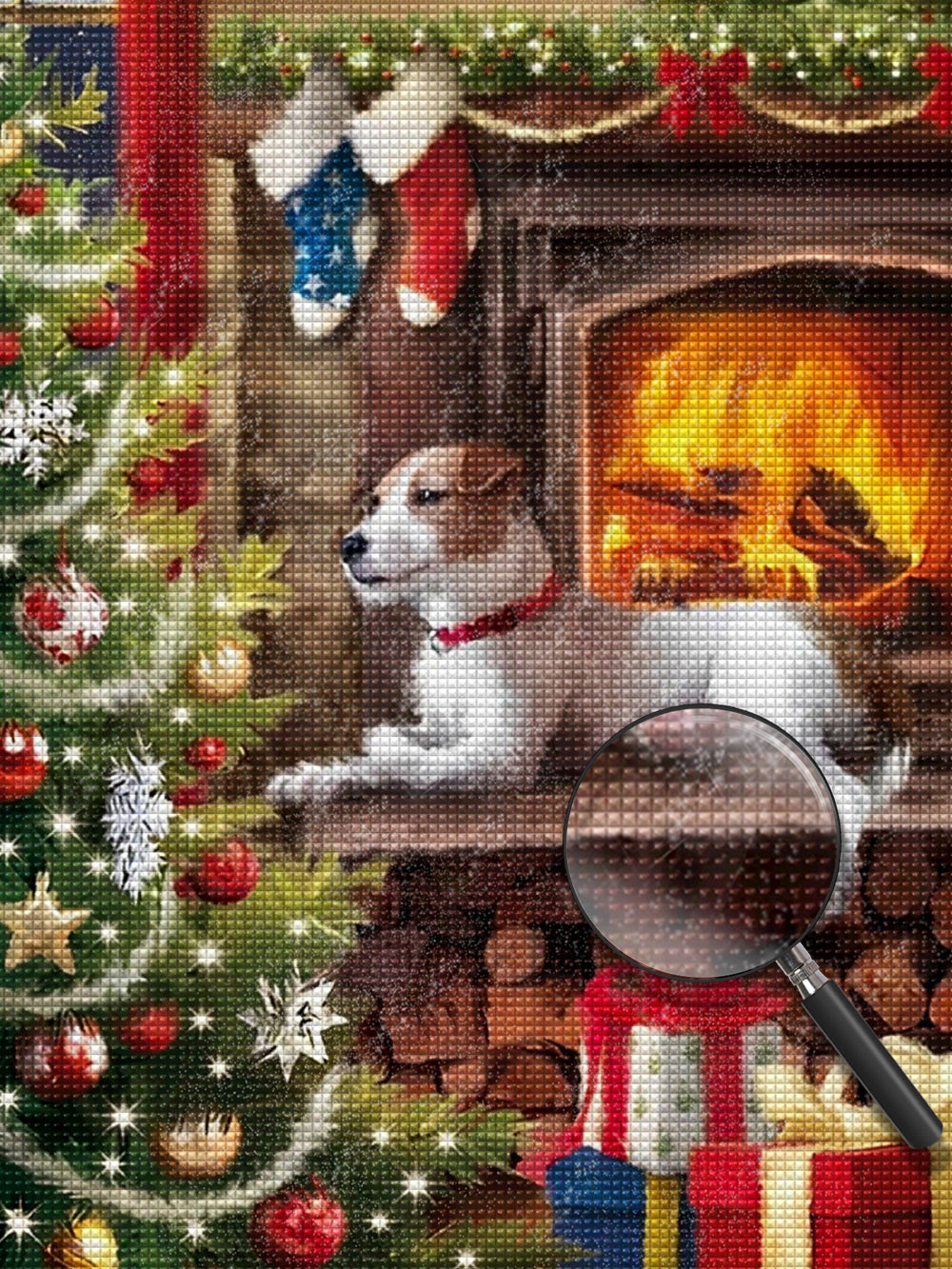 Hund, Weihnachtsbaum und Geschenke im Haus Diamond Painting
