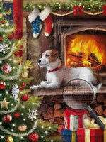 Hund, Weihnachtsbaum und Geschenke im Haus Diamond Painting