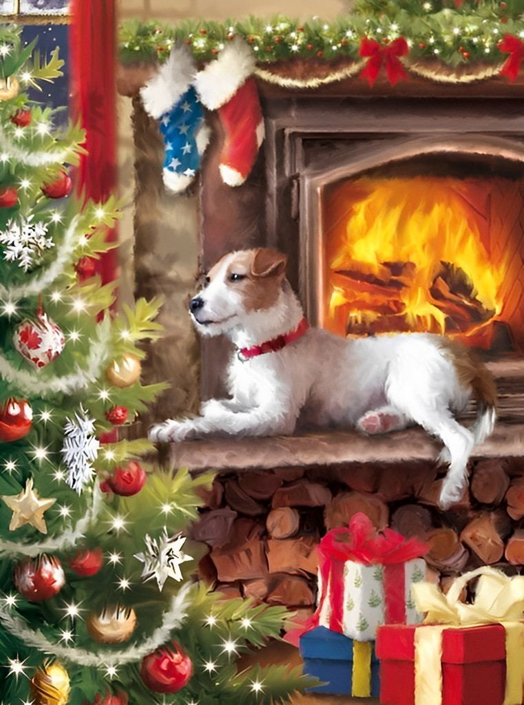 Hund, Weihnachtsbaum und Geschenke im Haus Diamond Painting