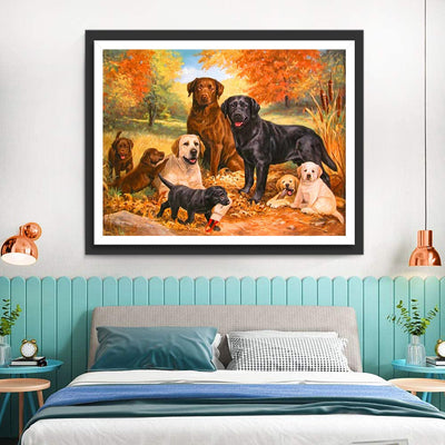 Hunde im Wald im Herbst Diamond Painting