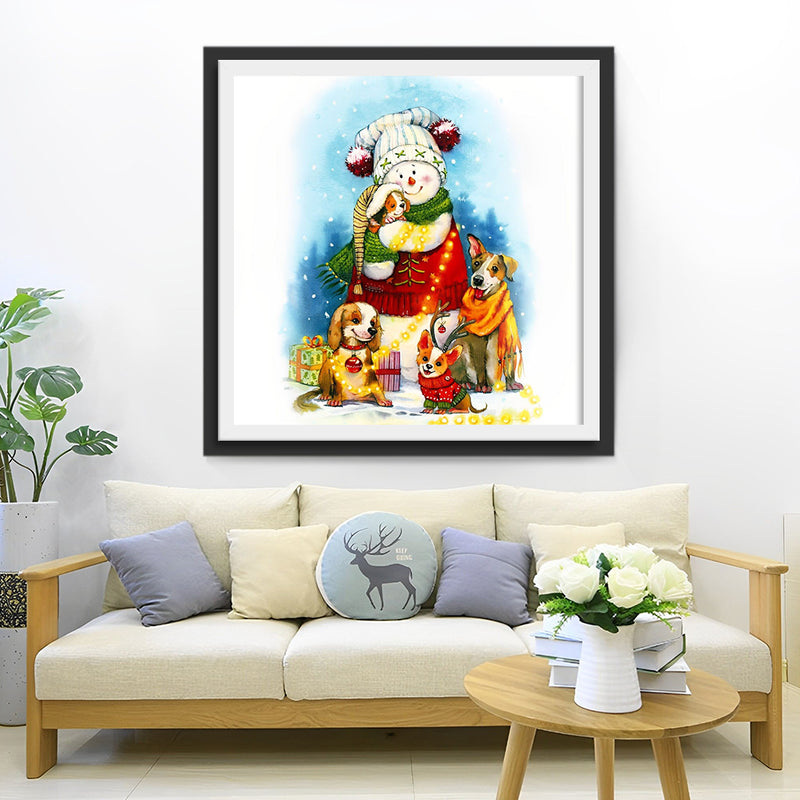 Hunde und Schneemann an Weihnachten Diamond Painting