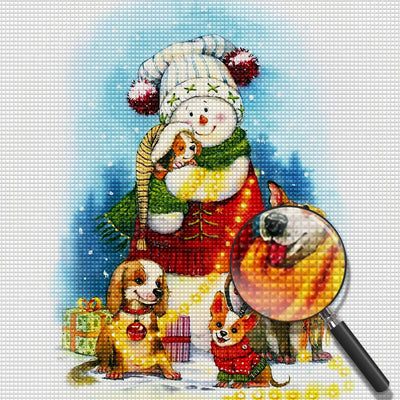 Hunde und Schneemann an Weihnachten Diamond Painting