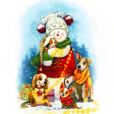 Hunde und Schneemann an Weihnachten Diamond Painting