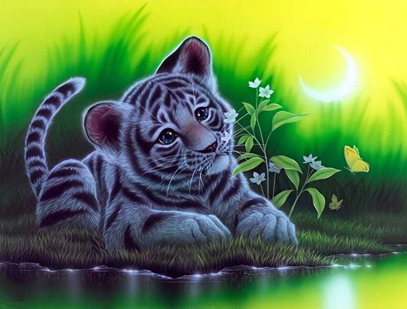 Junger Tiger auf dem Gras Diamond Painting