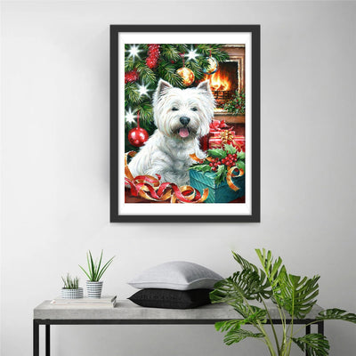 Kamin, Weihnachtsbaum, Hund und Geschenke Diamond Painting