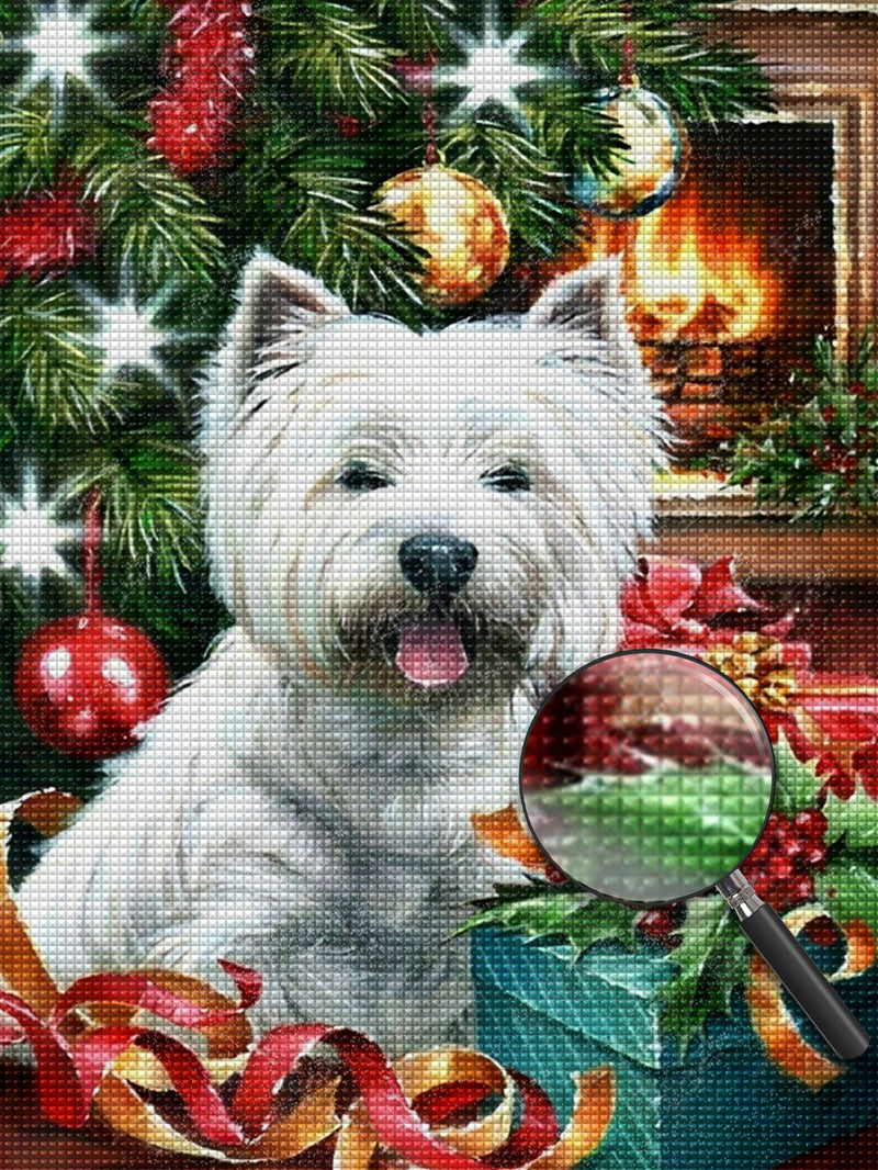 Kamin, Weihnachtsbaum, Hund und Geschenke Diamond Painting