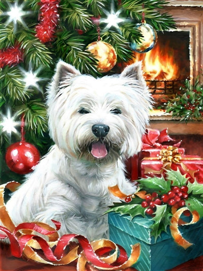 Kamin, Weihnachtsbaum, Hund und Geschenke Diamond Painting