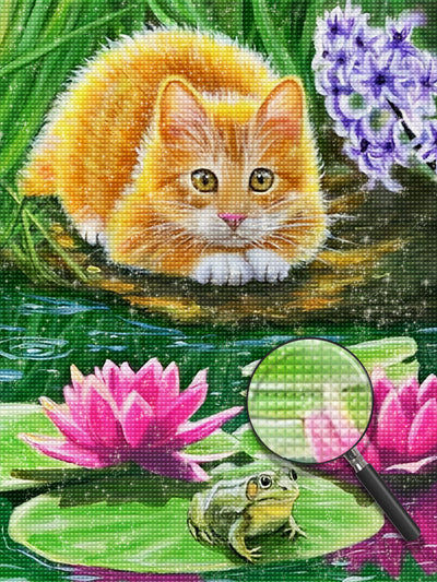 Katze am Lotusteich Diamond Painting