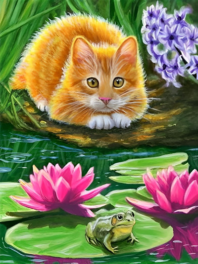 Katze am Lotusteich Diamond Painting