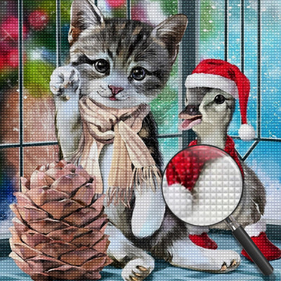 Katze, Ente und großer Kiefernzapfen Diamond Painting