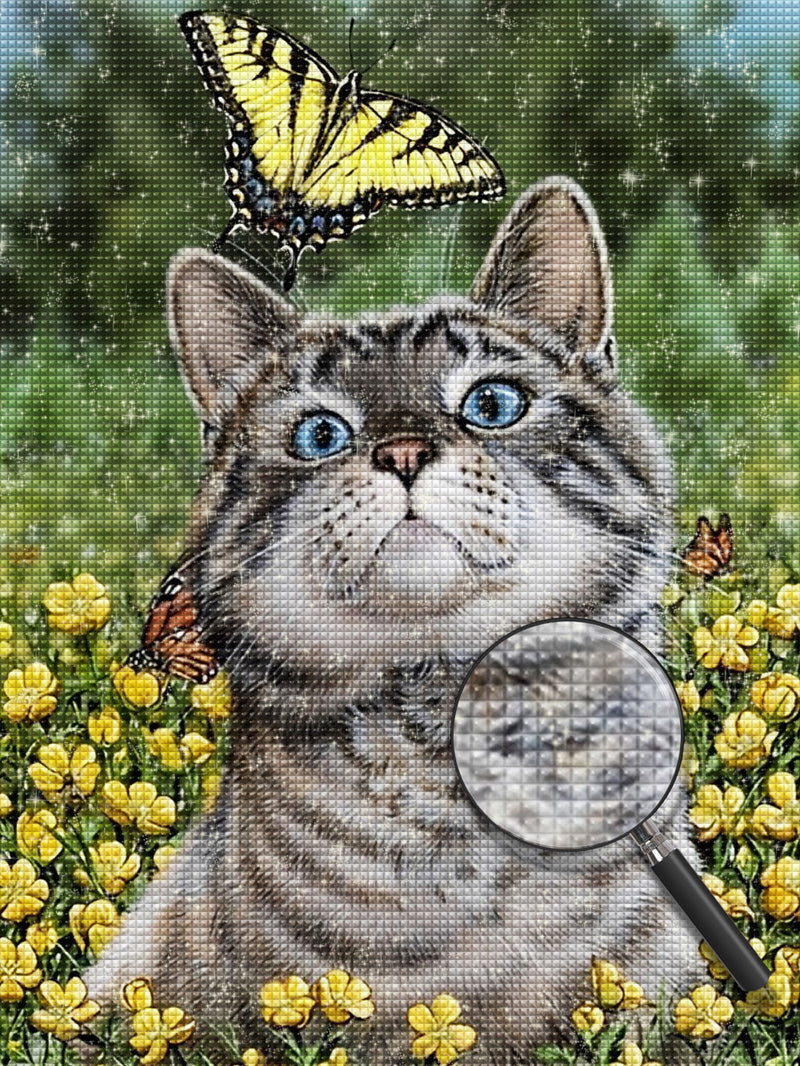Katze, gelber Schmetterling und Blumen Diamond Painting