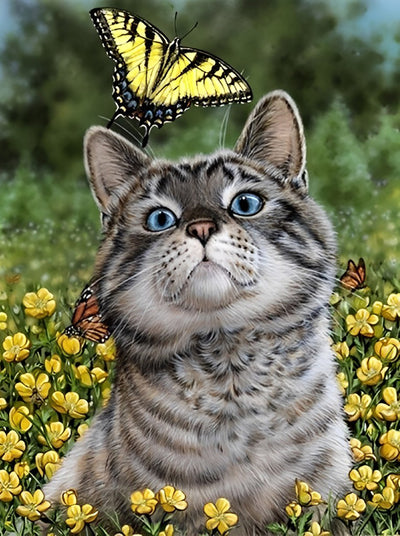 Katze, gelber Schmetterling und Blumen Diamond Painting